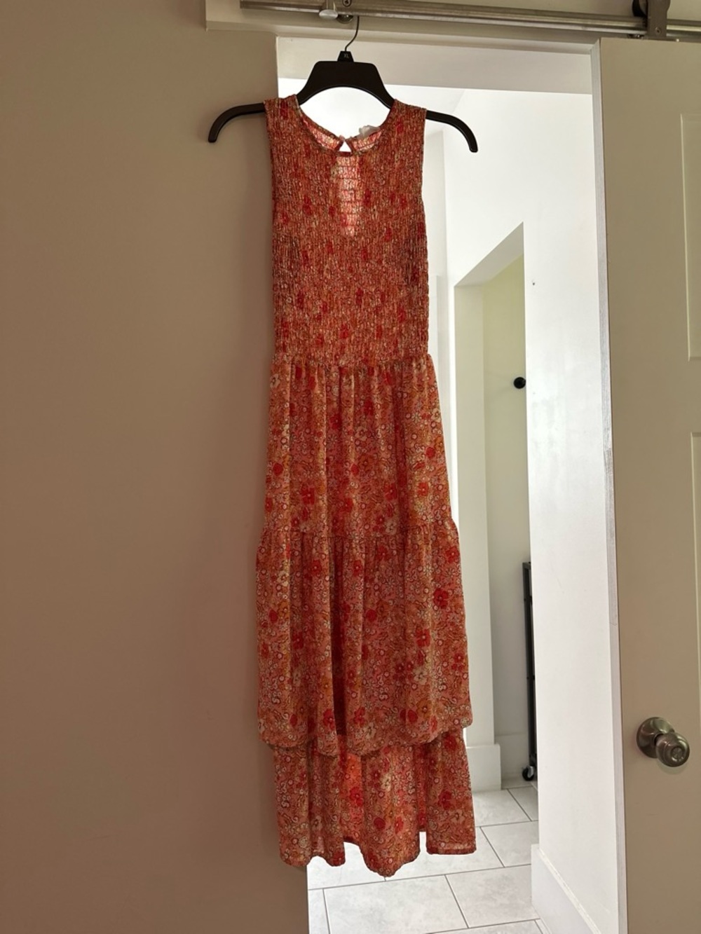 Sleeveless Coral Floral Maxi Dress with Smocked Bodice